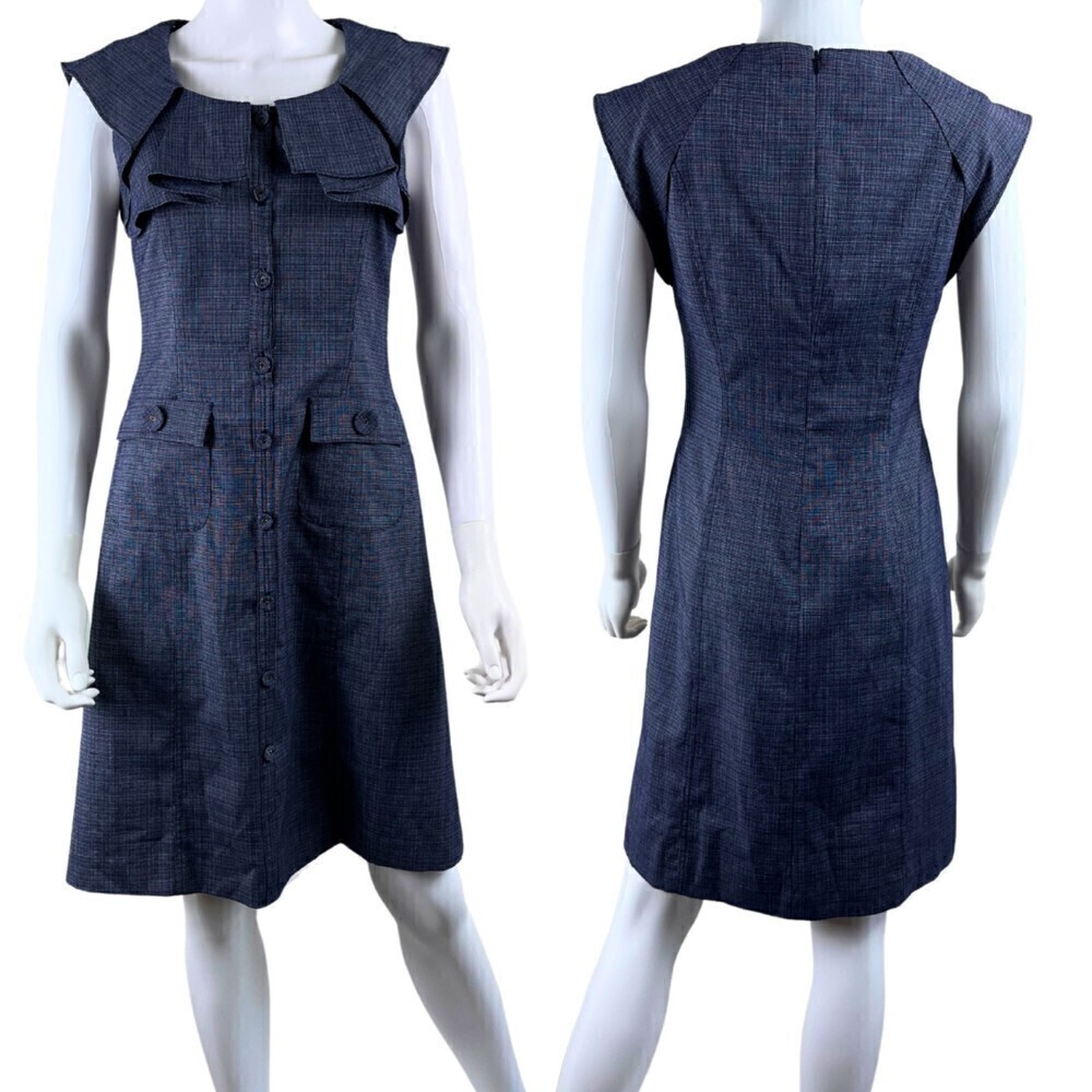 Kay Unger Size 4 Blue Sheath NEW Mini Ruffle Sleeveless Stretch Dress Woven Mod